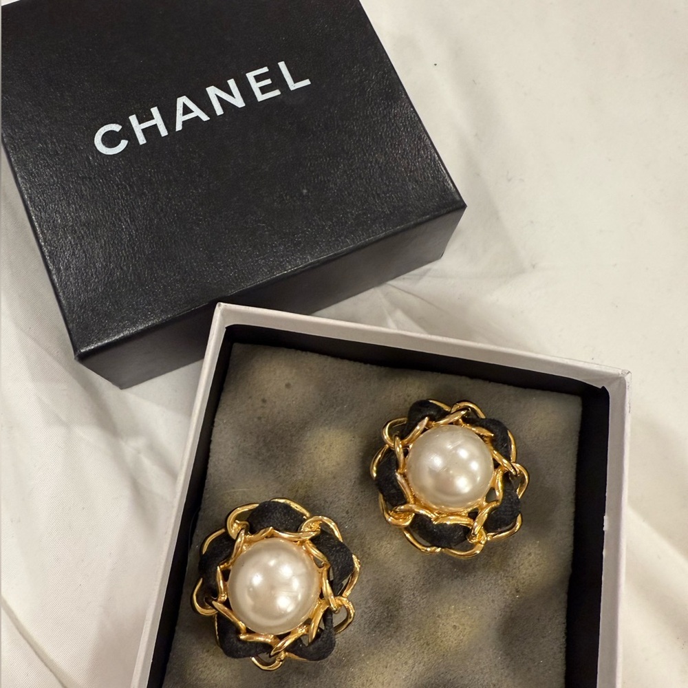 Chanel Vintage Faux Pearl & Leather Chain Earrings - extra large statement size